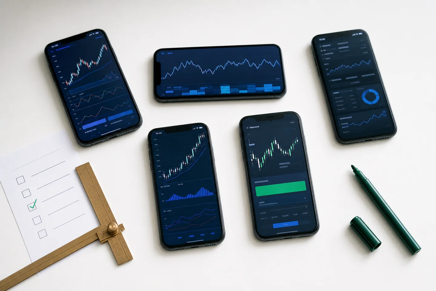 Five mobile trading screens arranged beside a risk checklist