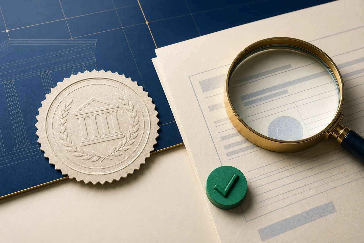 A regulatory seal, registry document and magnifying glass