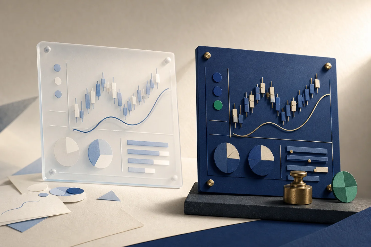 A light demo trading panel beside a solid live trading panel