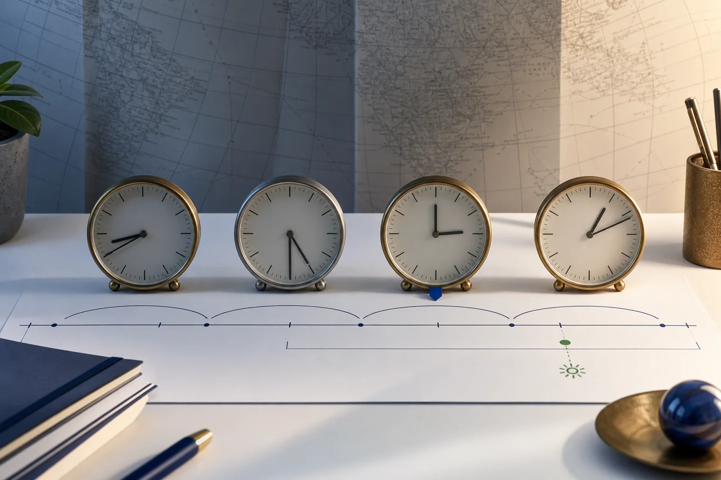 Four world clocks aligned across a weekly forex trading timeline