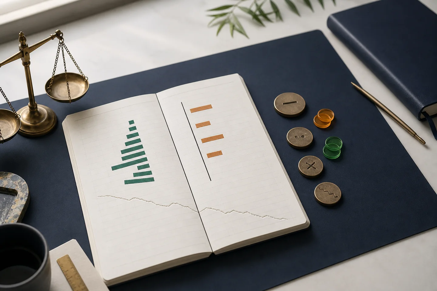 A trading ledger balancing gross gains against costs and drawdowns